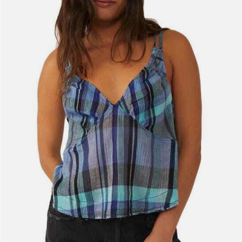 We the Free plaid raw hem strapped tank in blue/teal colors NWT size L